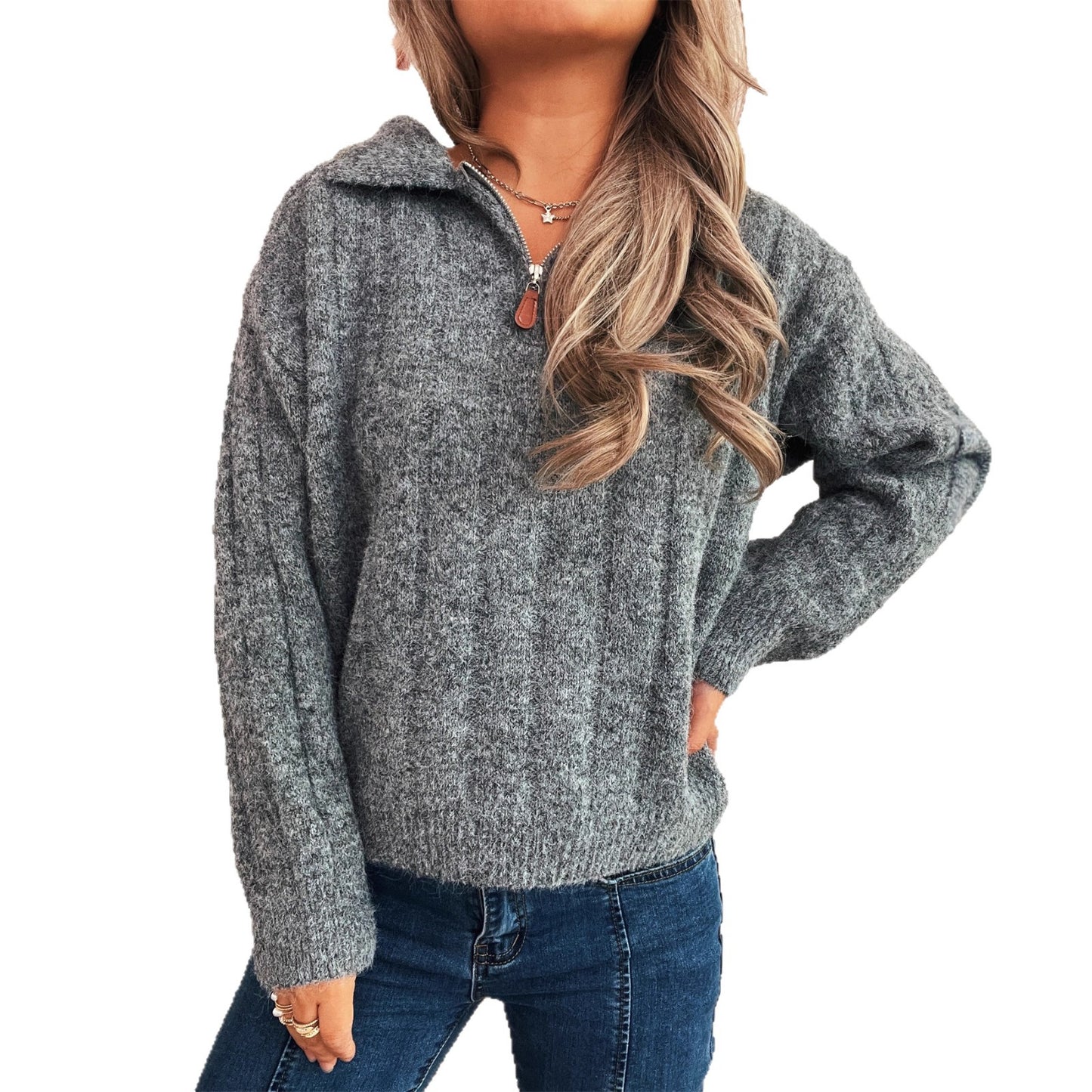 Pull-over en tricot pour femmes avec courte patte de fermeture éclair et structure en vagues Chic und Stil