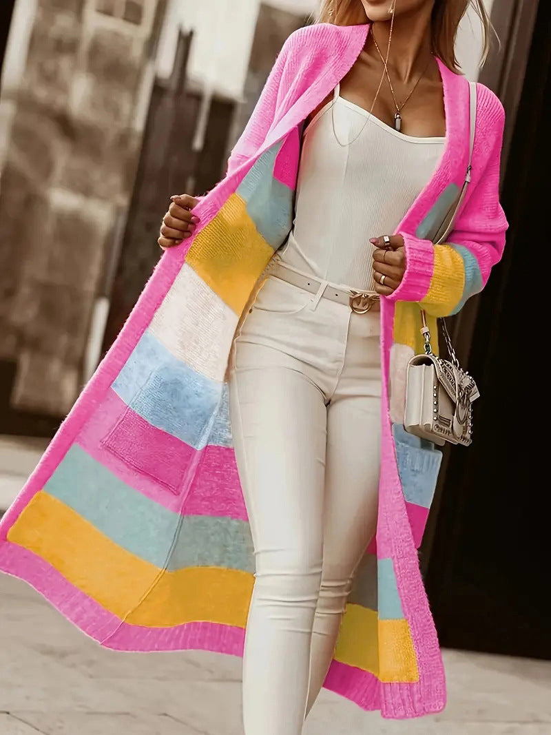 Veste longue en tricot à rayures colorées pour femmes Chic und Stil