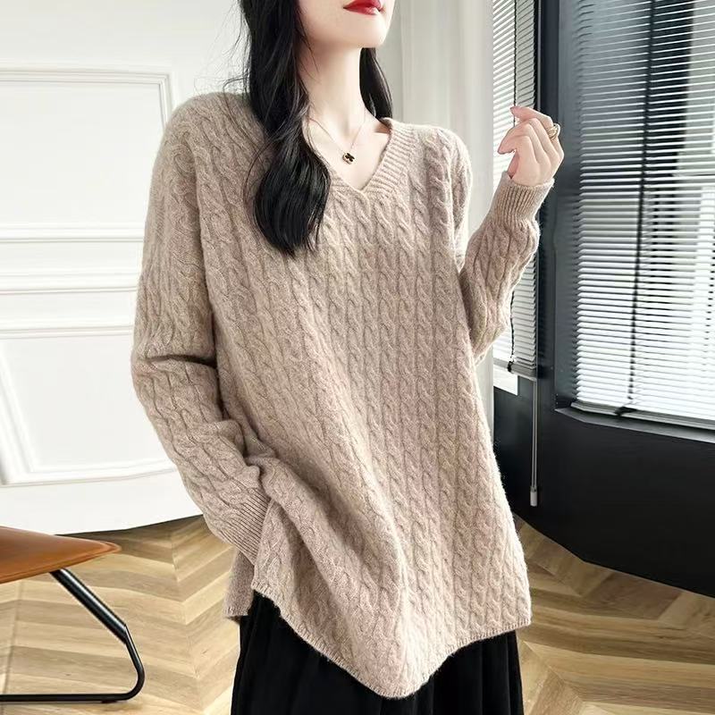 Femme pull en grosse maille avec décolleté en V et coupe décontractée Chic und Stil