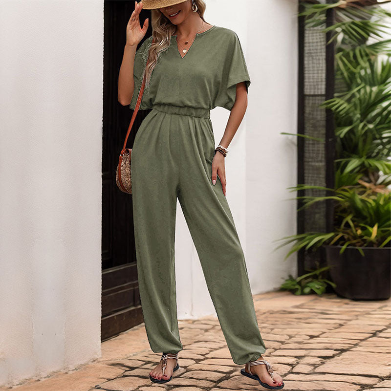 Dames Jumpsuit élégant à décolleté en V avec taille élastique et jambes larges Chic und Stil
