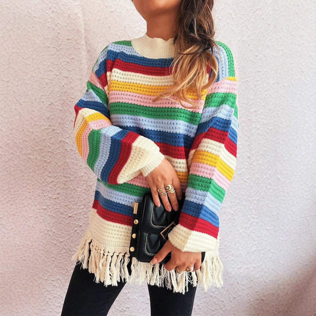 Pull femme charmant avec franges et motif rayé coloré Chic und Stil
