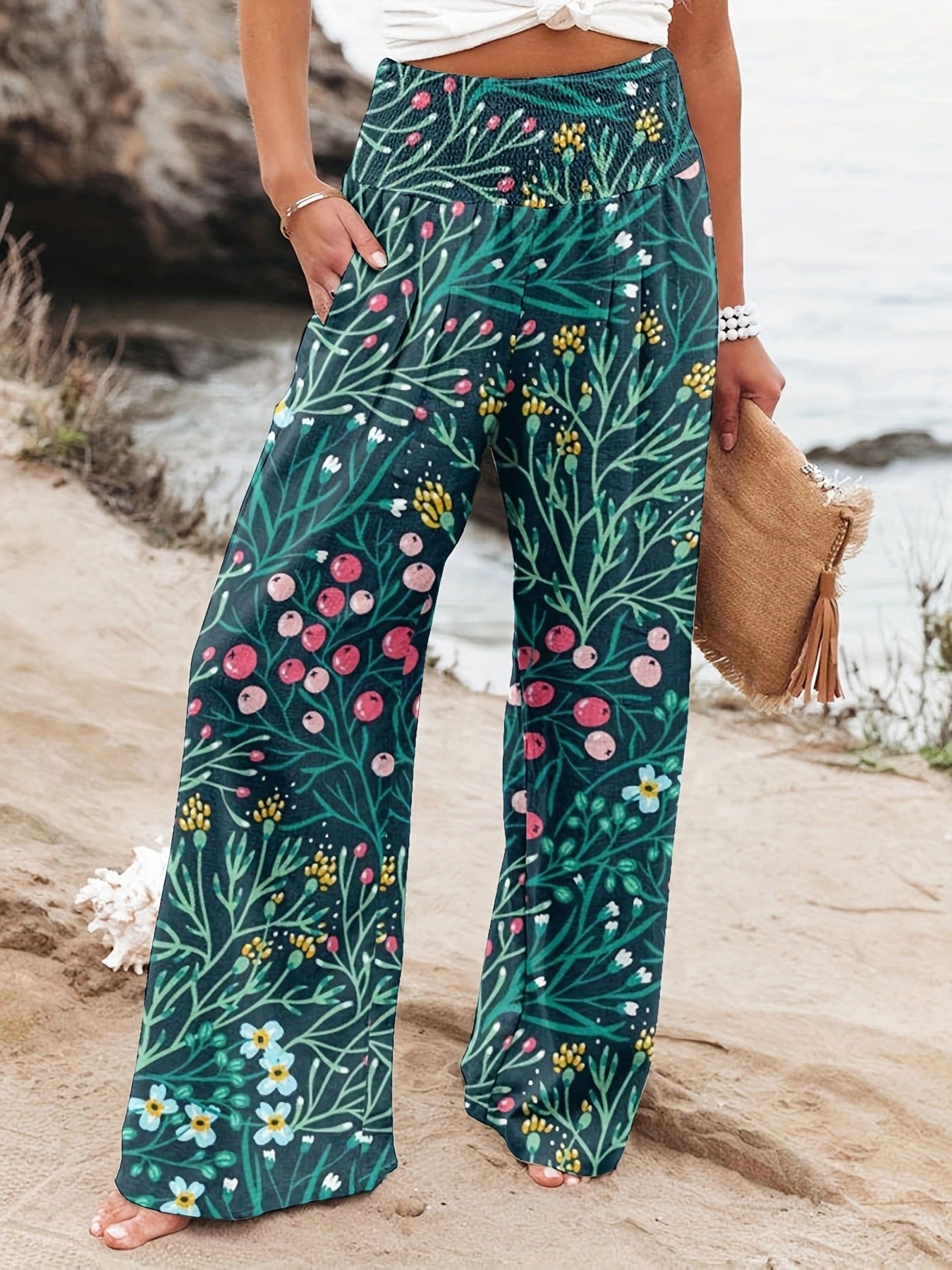 Pantalon d'été ample pour femmes avec imprimé floral et ceinture élastique Chic und Stil