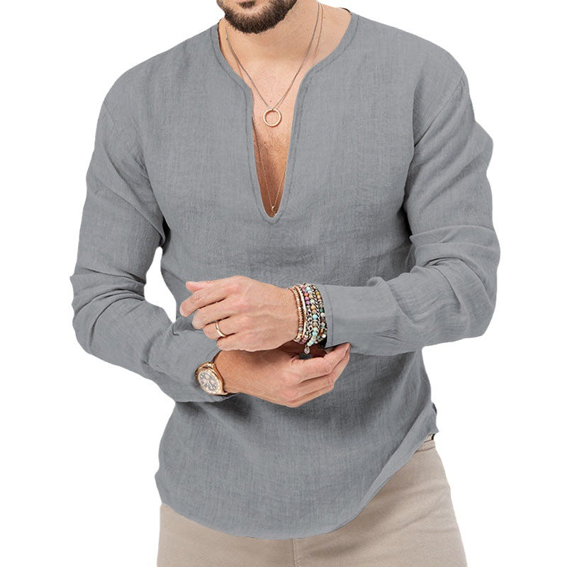 Chemise en lin léger pour hommes avec décolleté en V profond Chic und Stil