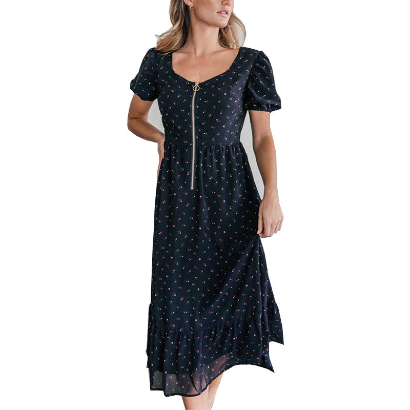 Robe midi florale raffinée pour femmes avec manches bouffantes et détail de fermeture éclair Chic und Stil