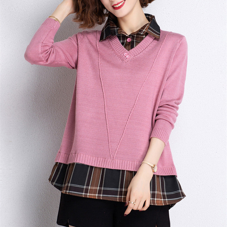 Pull-over en tricot superposé pour femmes avec décolleté en V et blouse tendance.