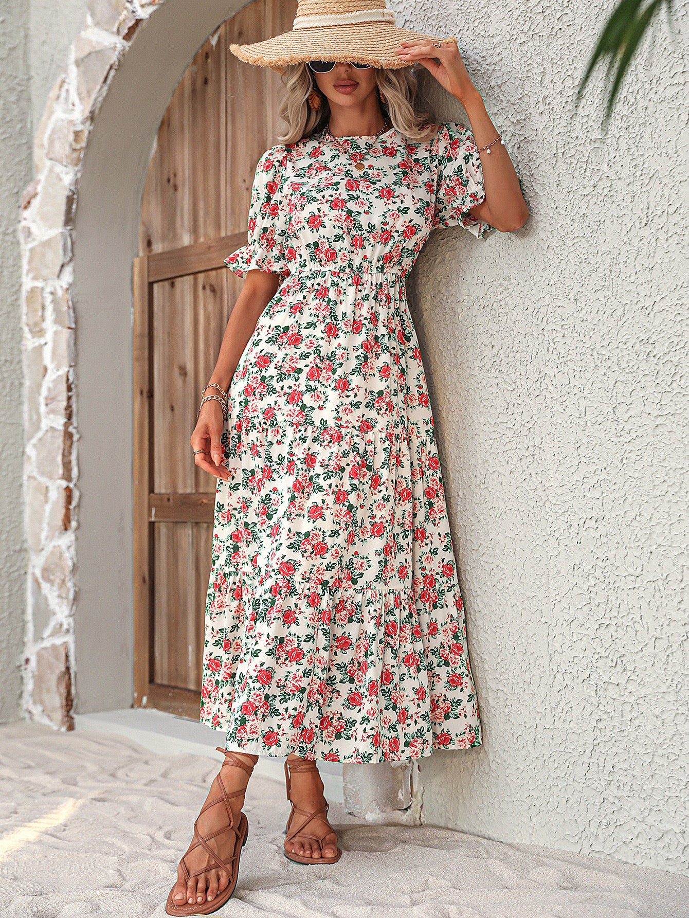 Robe maxi femme avec motifs floraux et bande de taille élastique Chic und Stil