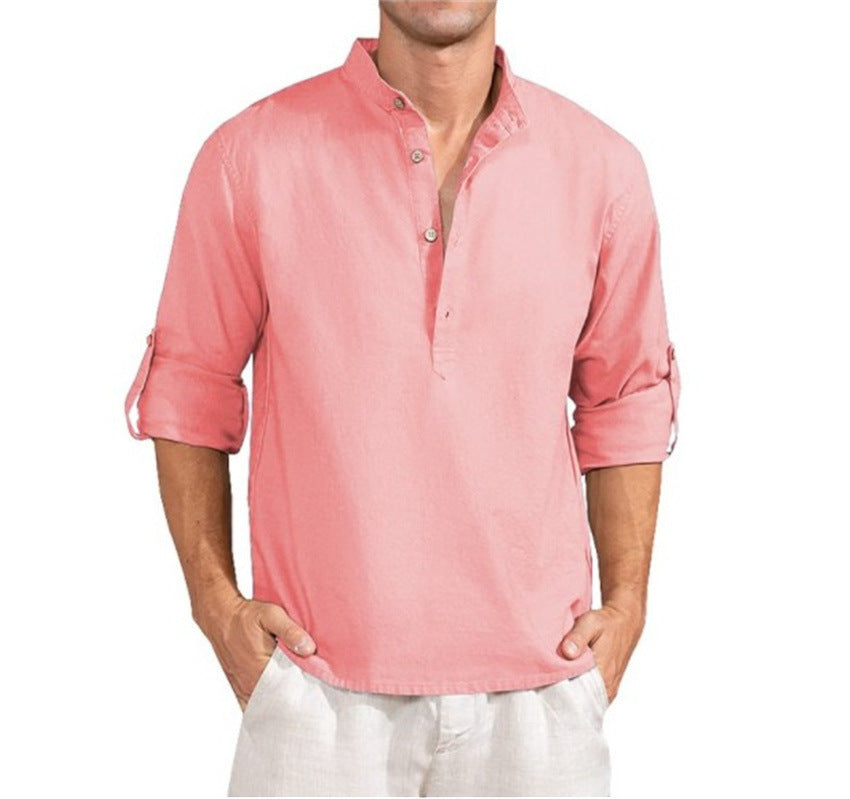 Chemise en lin pour hommes avec col montant et détails de boutons pratiques Chic und Stil