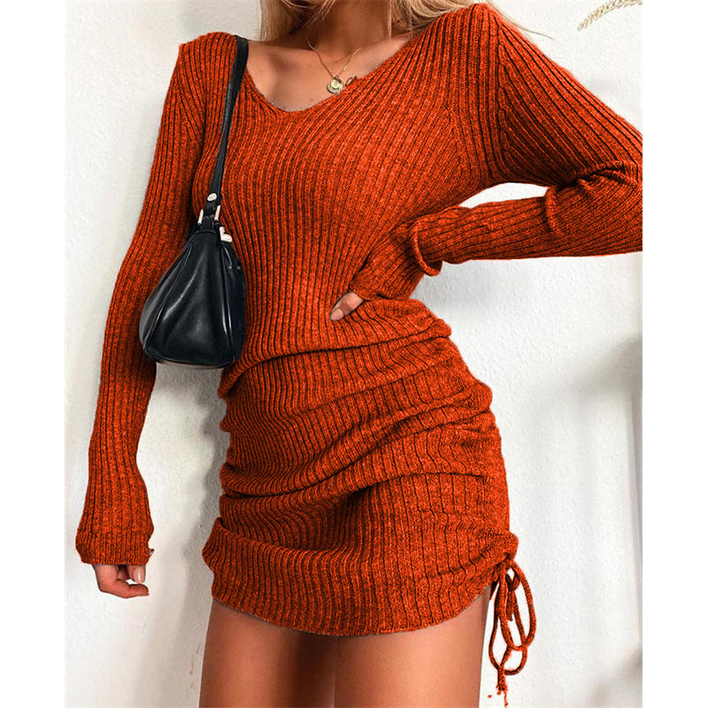 Robe en tricot côtelé pour femmes avec décolleté V profond et ruché réglable Chic und Stil