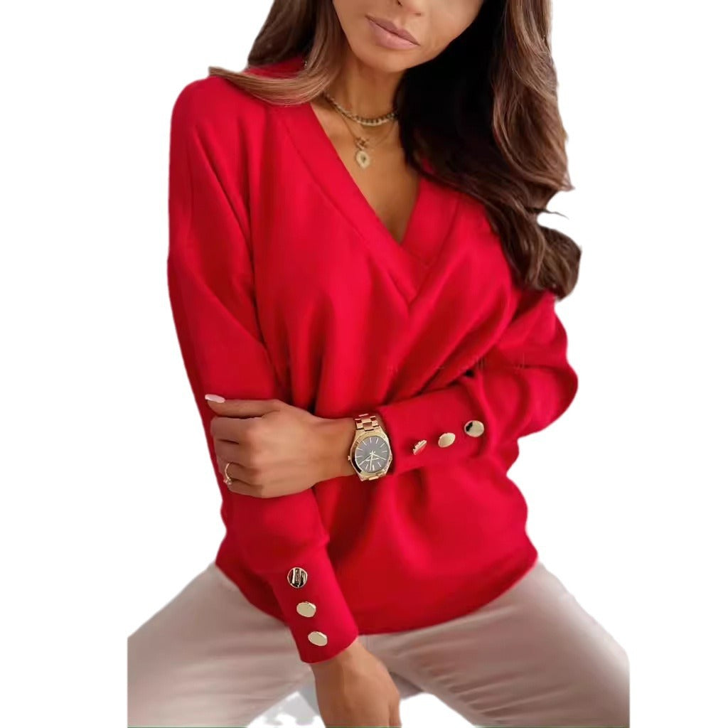 Pull élégant pour femmes à col en V avec des détails de boutons stylés Chic und Stil