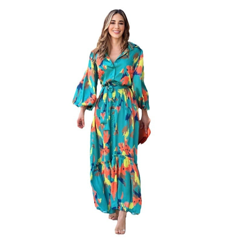 Airy maxi dress for women with a colorful graphic design and elegant ruffle details Chic and Style