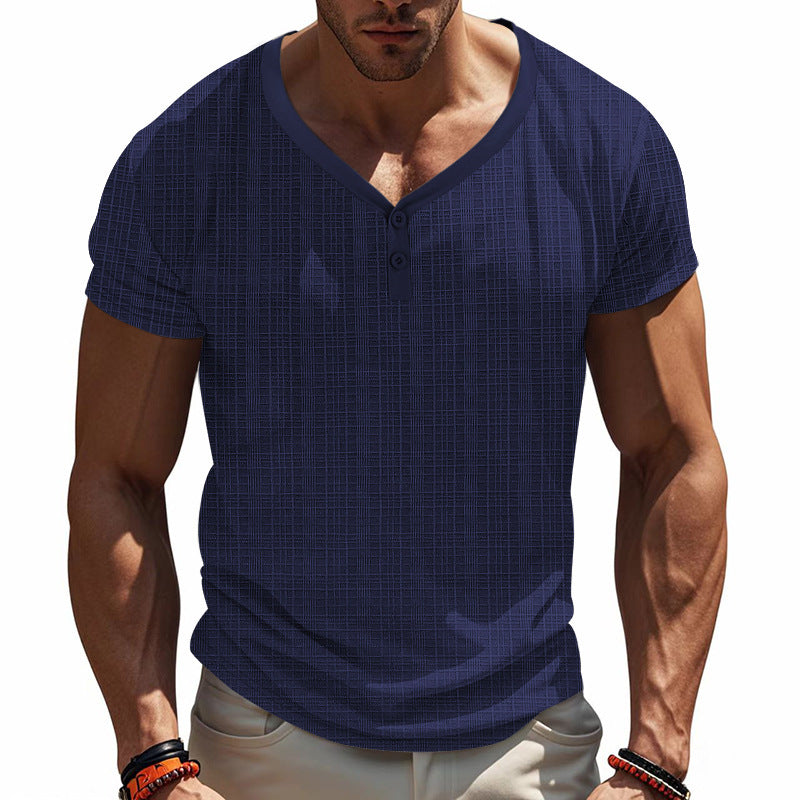 T-shirt Henley à manches courtes pour hommes avec design de structure géométrique et décolleté en V tendance Chic und Stil
