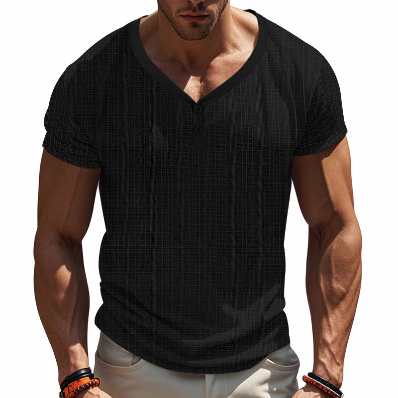 T-shirt Henley à manches courtes pour hommes avec design de structure géométrique et décolleté en V tendance Chic und Stil