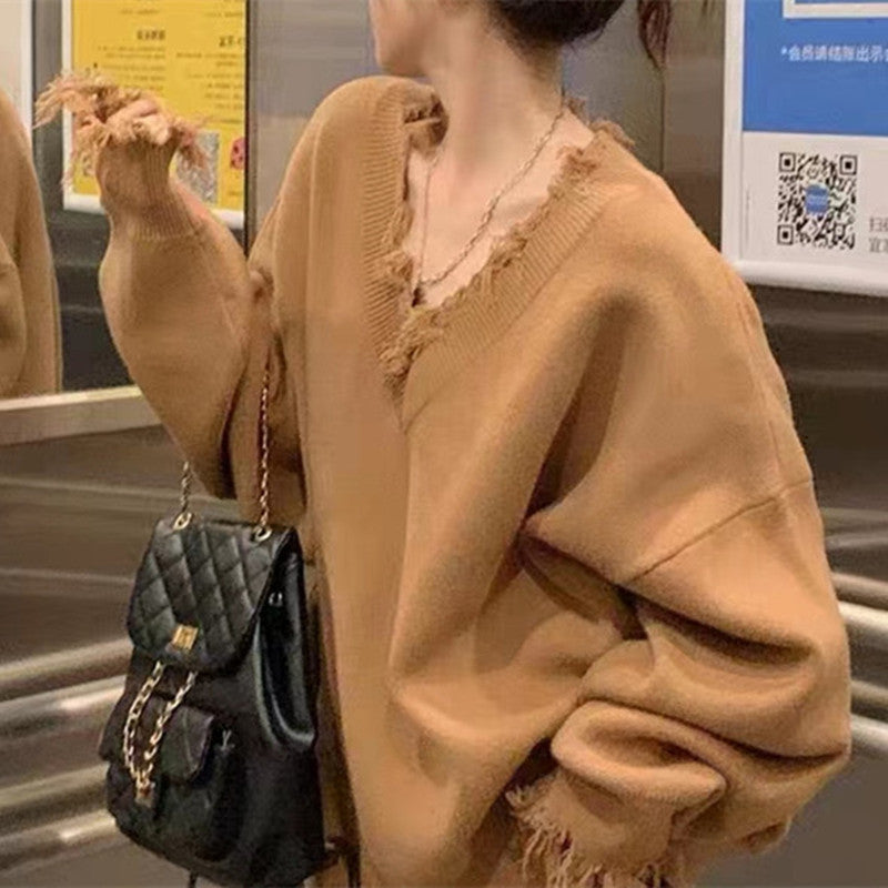 Pull en tricot décontracté pour femmes avec décolleté en V à franges Chic und Stil