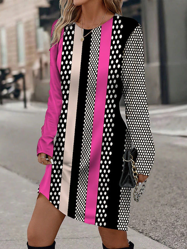 Robe longue à manches longues pour femmes avec motif graphique à rayures et design ponctuel Chic und Stil