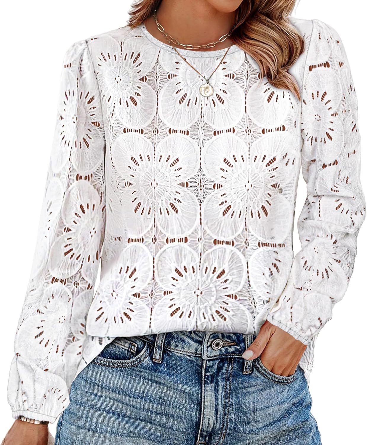 Blouse en dentelle pour femmes avec des détails floraux et des manches bouffantes élégantes Chic und Stil