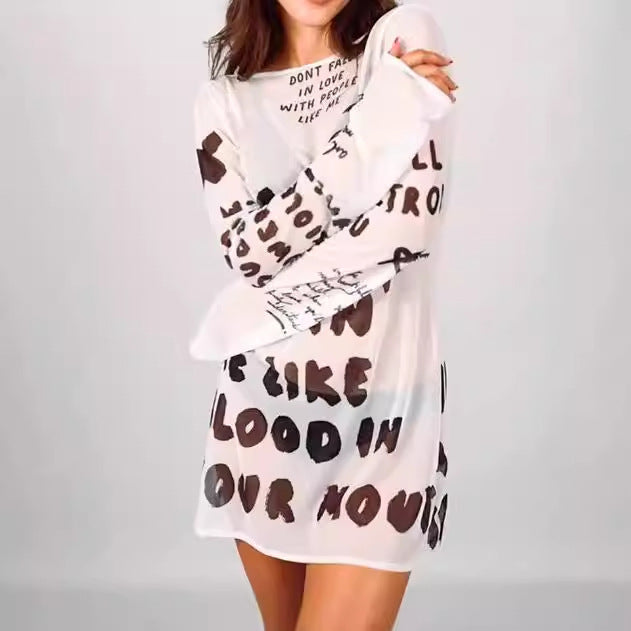 Robe longue à manches longues décontractée pour femmes avec inscription créative Chic und Stil