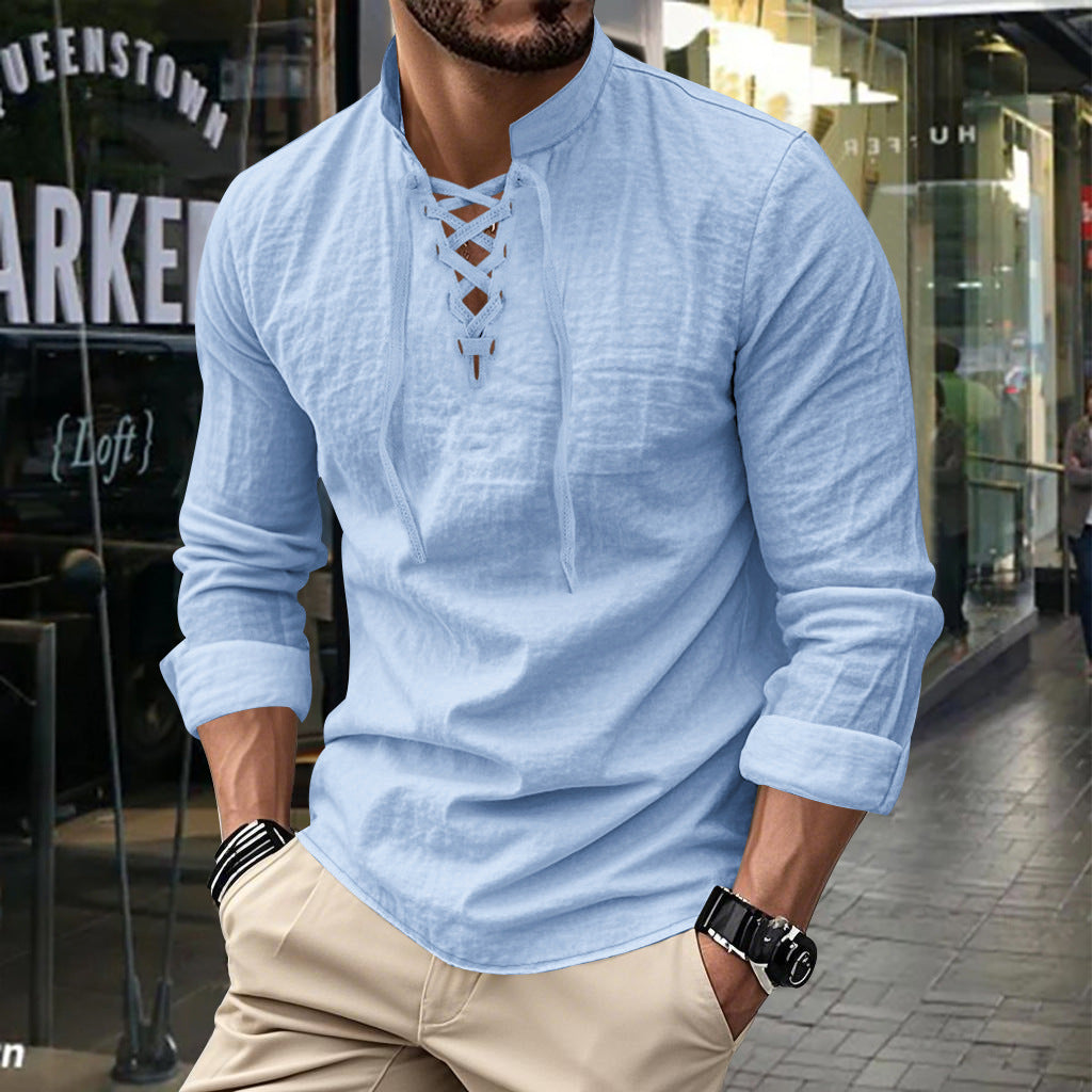 Chemise à manches longues pour hommes avec lacets à la mode et col montant Chic und Stil
