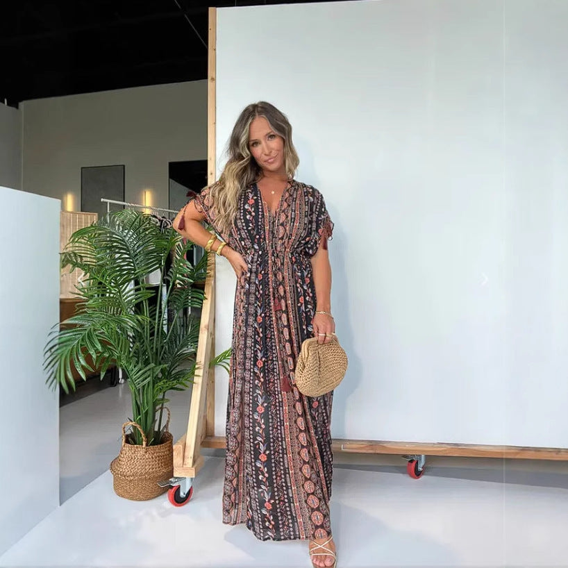 Robe maxi élégante pour femmes avec imprimé à la mode et décolleté en V Chic und Stil