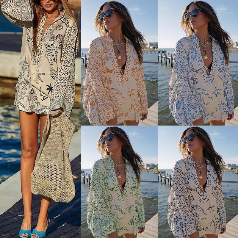 Chemisier de plage décontracté pour femmes avec un imprimé maritime artistique et un élégant décolleté en V Chic und Stil