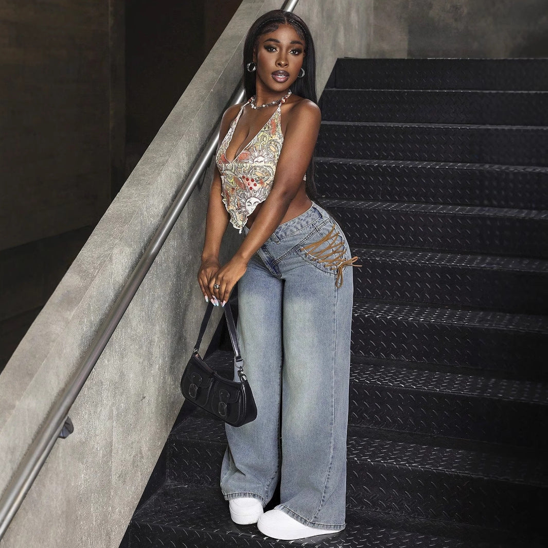 Jean ample pour femme avec des détails de lacet à la mode Chic und Stil