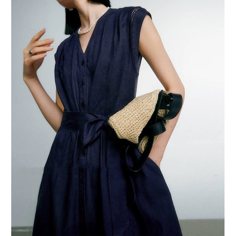Robe midi à manches boutonnées pour femme avec taille à nouer Chic und Stil