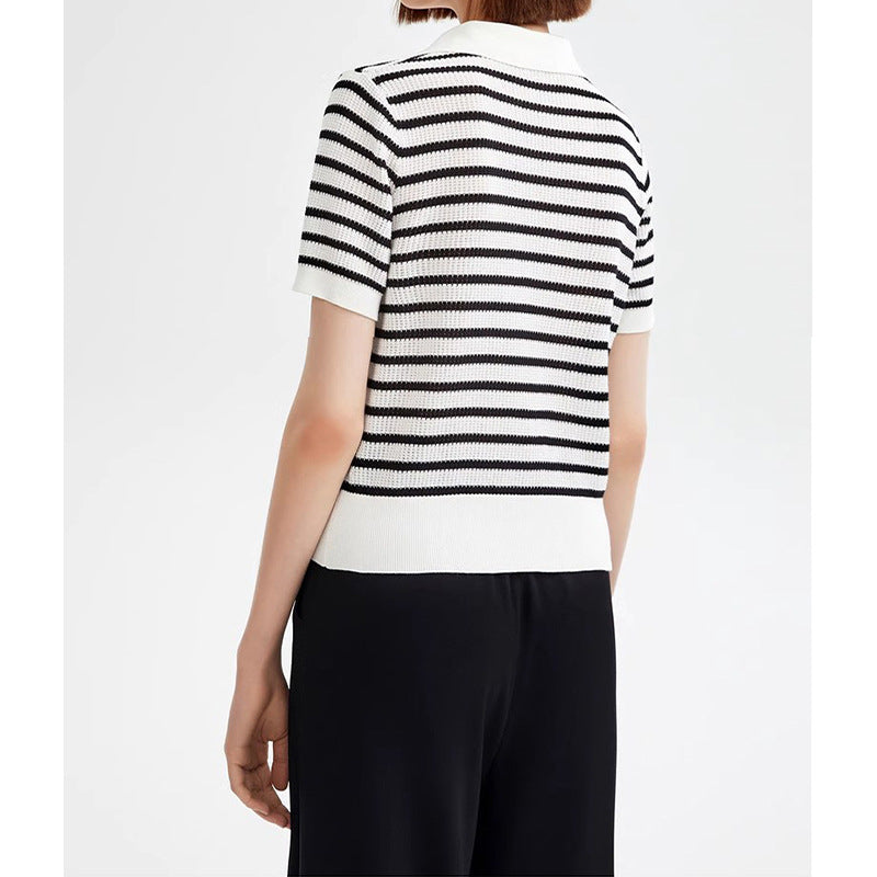 T-shirt polo tricot rayé à manches courtes pour femmes Chic und Stil