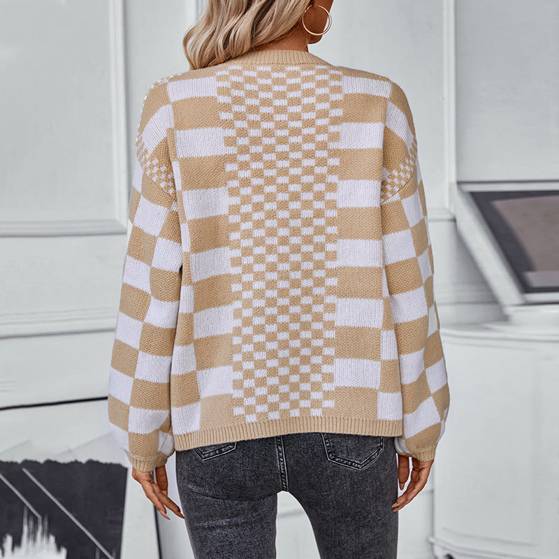 Cardigan décontracté pour femmes à motif à carreaux tendance Chic und Stil