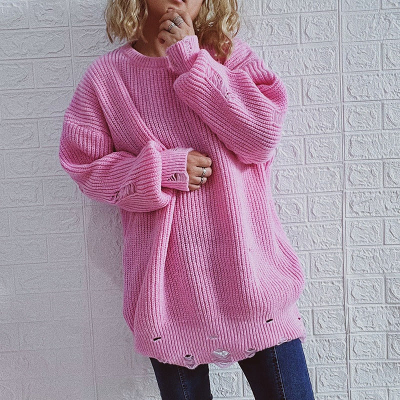 Pull en grosse maille pour femmes avec fentes décontractées dans le dos et manches larges Chic und Stil