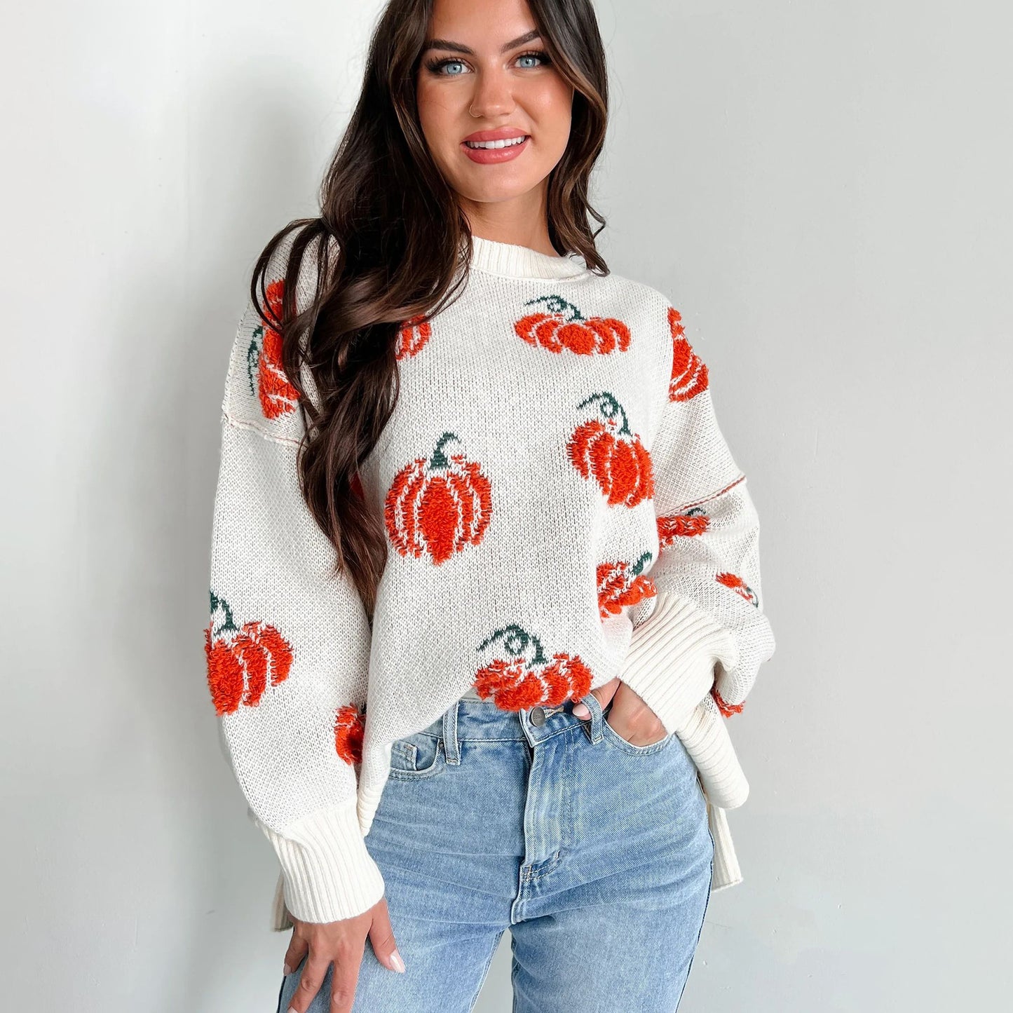 Pull-over en tricot pour femmes avec motif de citrouille Chic und Stil