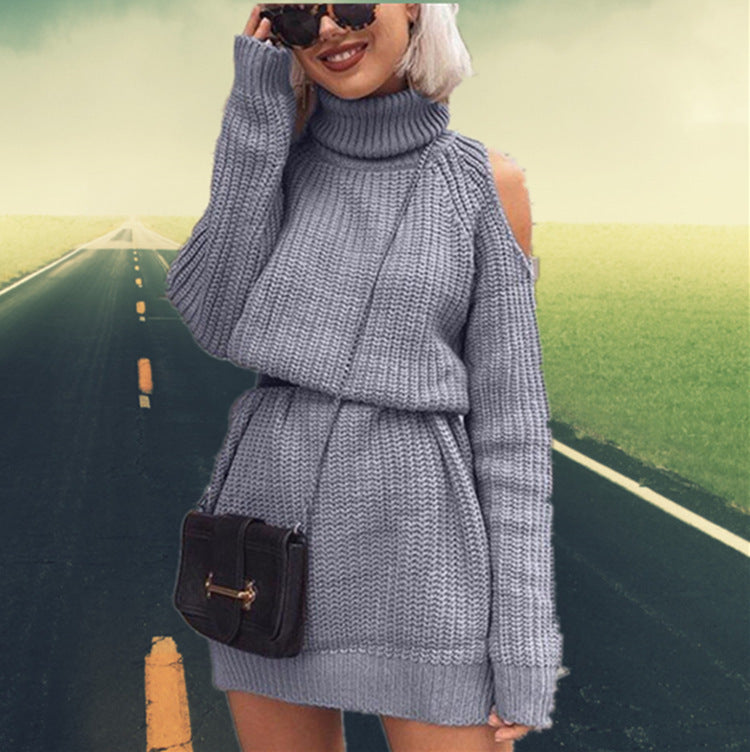 Robe en Maille à Manches Longues pour Femmes avec Col Montant et Design d'Épaule Découverte Chic und Stil