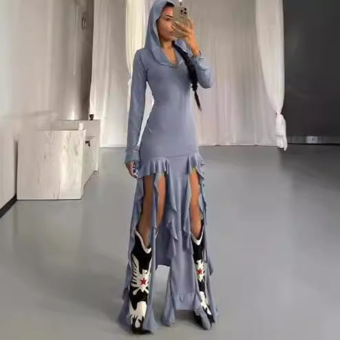 Robe maxi à manches longues pour femmes avec capuche et détails en volants Chic und Stil