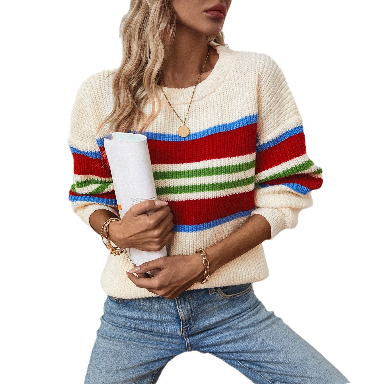 Pull en tricot décontracté pour femmes avec des rayures colorées et un col rond Chic und Stil