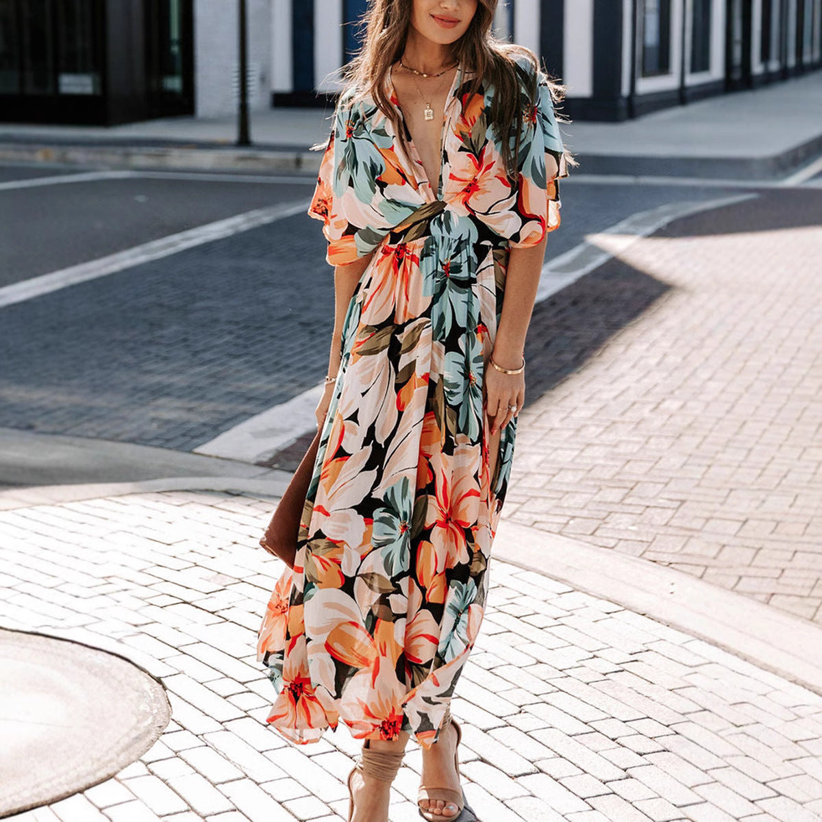 Robe maxi à fente latérale florale pour femme Chic und Stil 1751507240