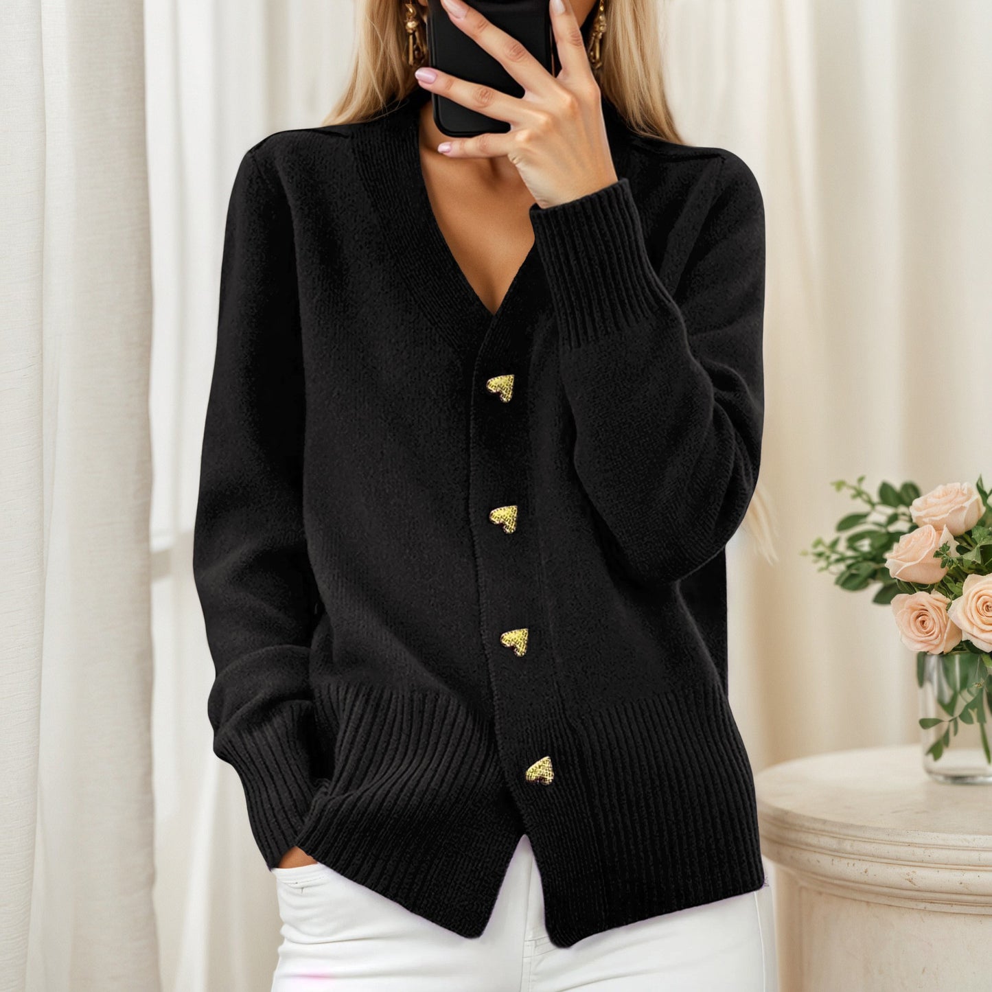 Knit jacket for women with heart-shaped buttons and a relaxed fit Chic and Style