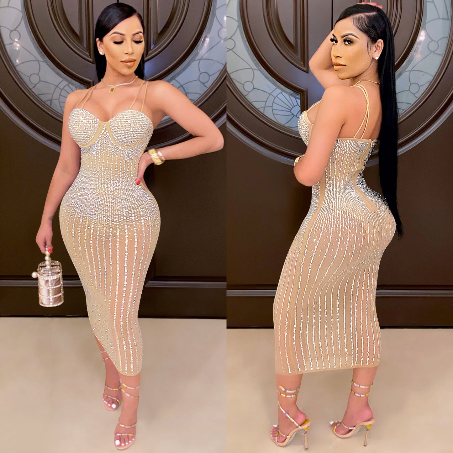 Robe midi bodycon pour dames avec embellissement en strass Chic und Stil