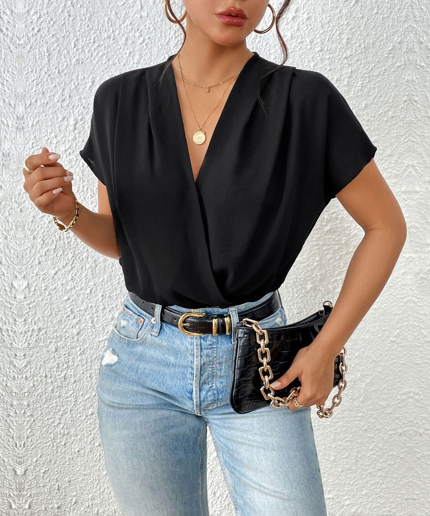 Blouse élégante à col en V pour femmes à manches courtes Chic und Stil