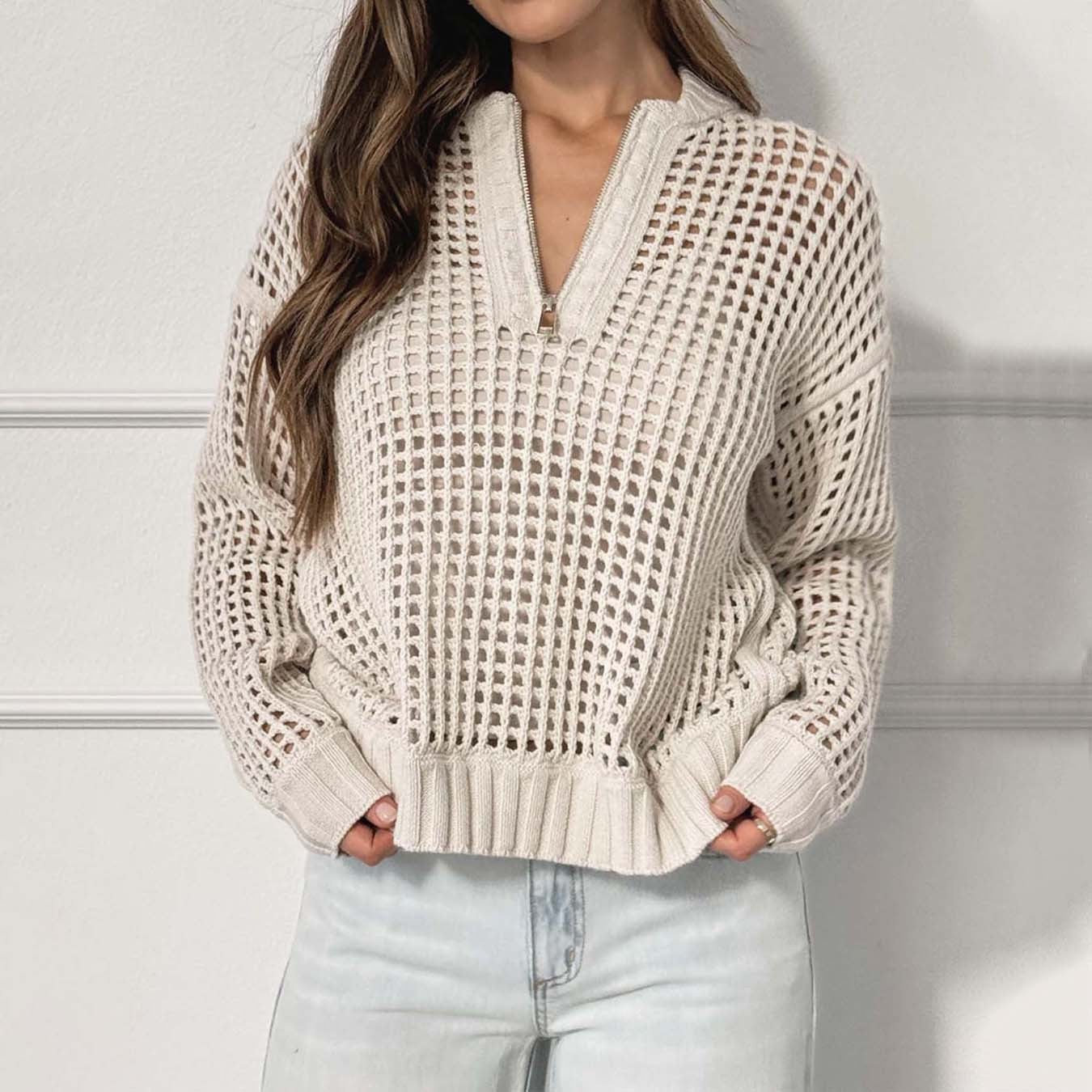 Pull en tricot décontracté pour femmes avec fermeture éclair et structure de mailles aérienne Chic und Stil