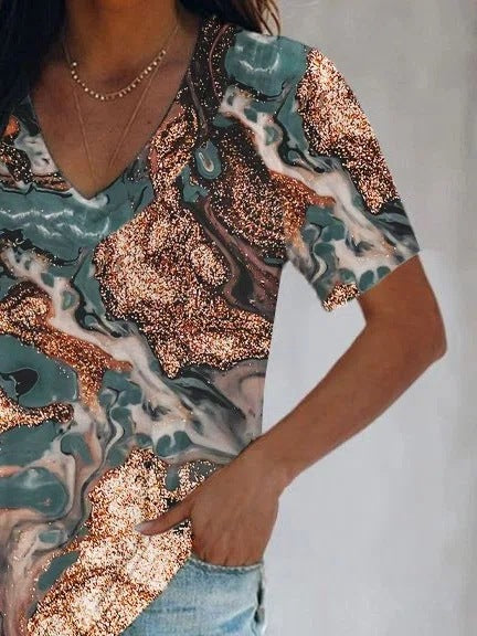 T-shirt femme à col en V avec motif marbré pailleté Chic und Stil