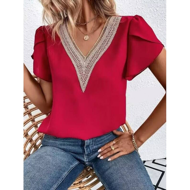 Blouse élégante à encolure en V pour dames avec des ornements en dentelle Chic und Stil