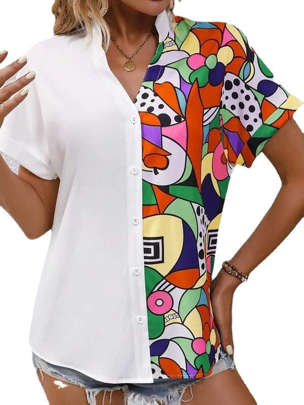 Chemise à manches courtes en patchwork coloré pour dames avec patte de boutonnage Chic und Stil