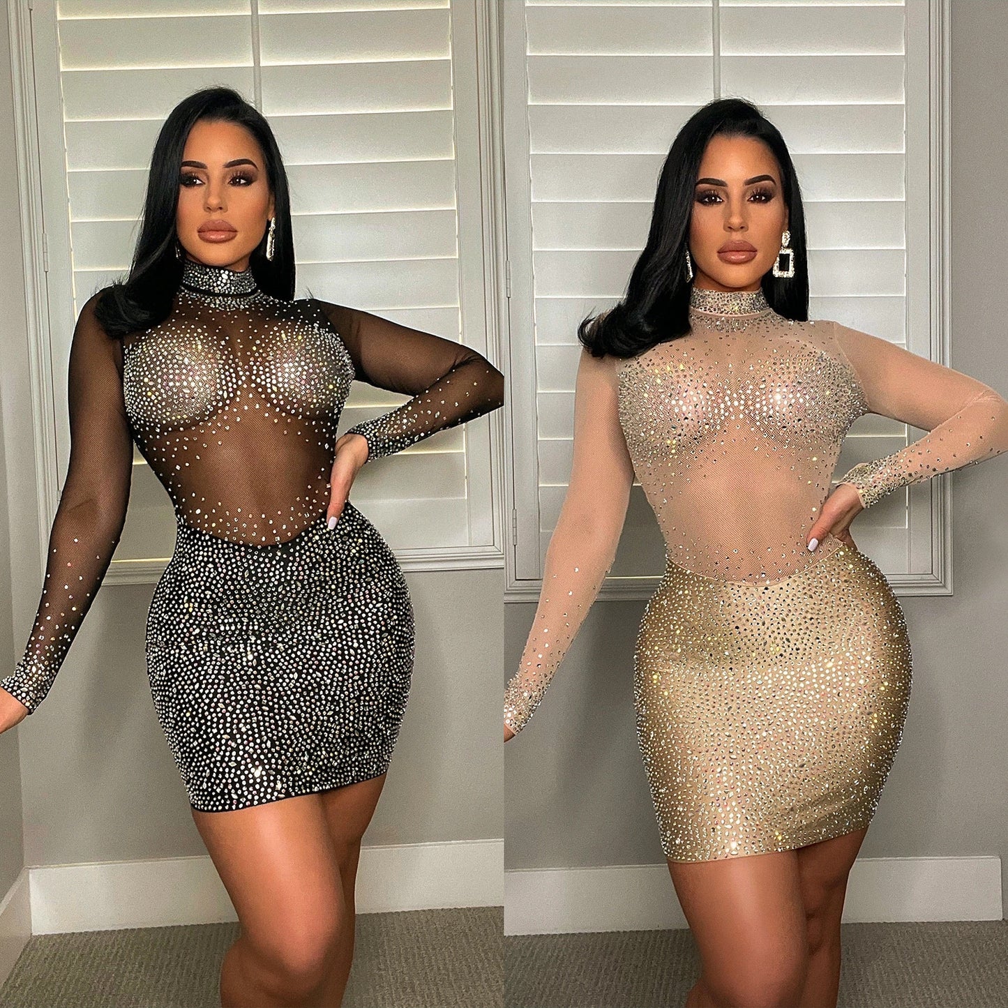 Chic and Stylish Women's Mesh Mini Dress with Rhinestones