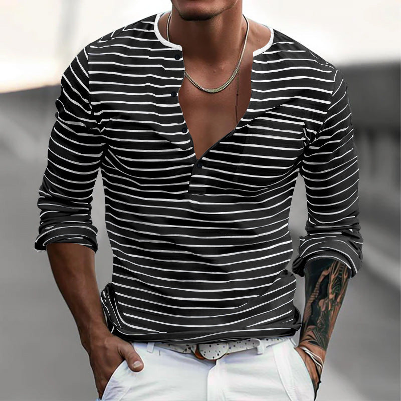 Chemise à manches longues à rayures pour hommes avec patte de boutonnage et décolleté en V Chic und Stil