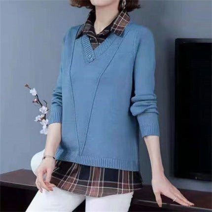 Pull-over en tricot superposé pour femmes avec décolleté en V et blouse tendance.