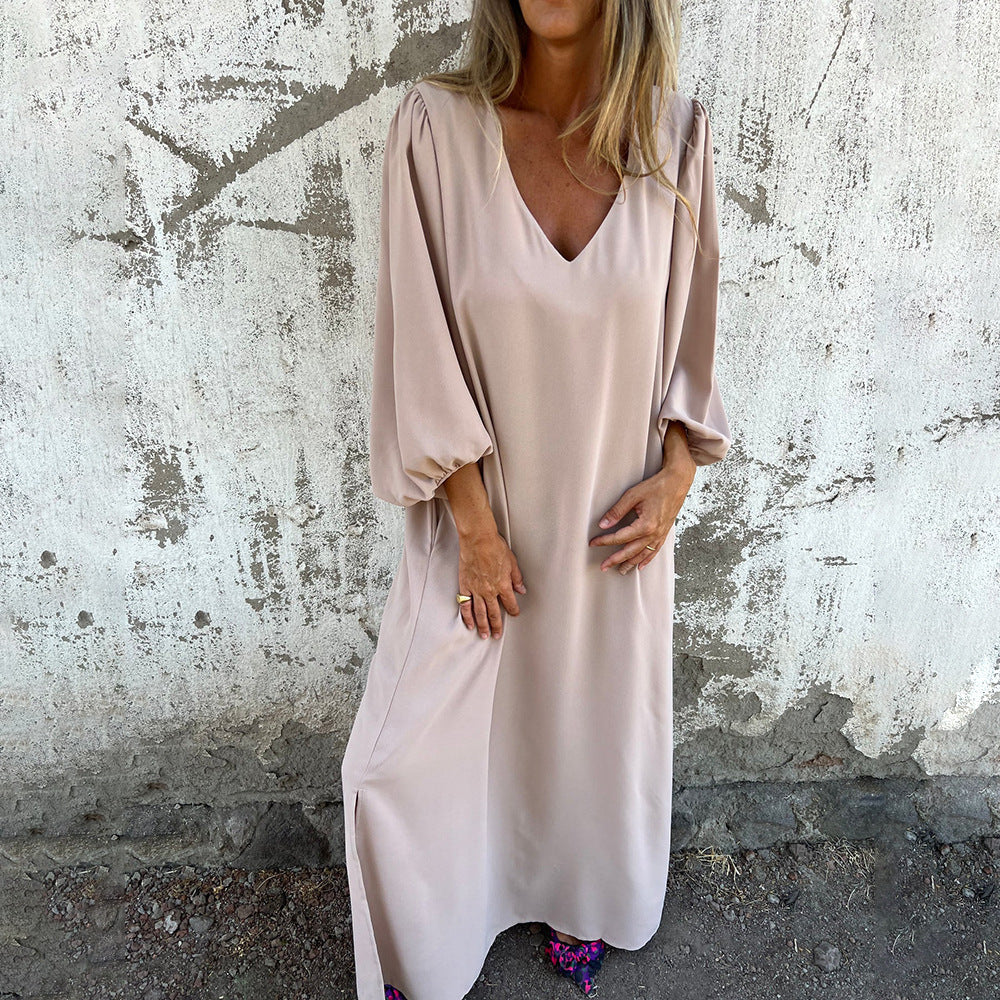 Femmes Robe Midi Élégante avec Décolleté en V et Manches Bouffantes Chic und Stil