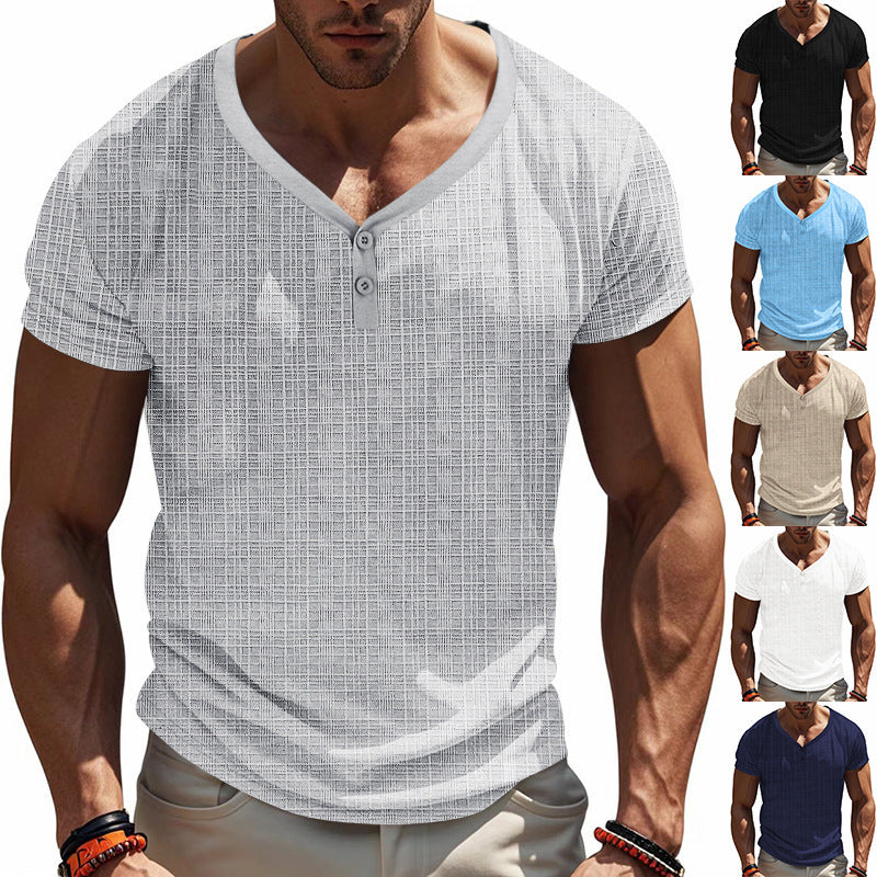 T-shirt Henley à manches courtes pour hommes avec design de structure géométrique et décolleté en V tendance Chic und Stil