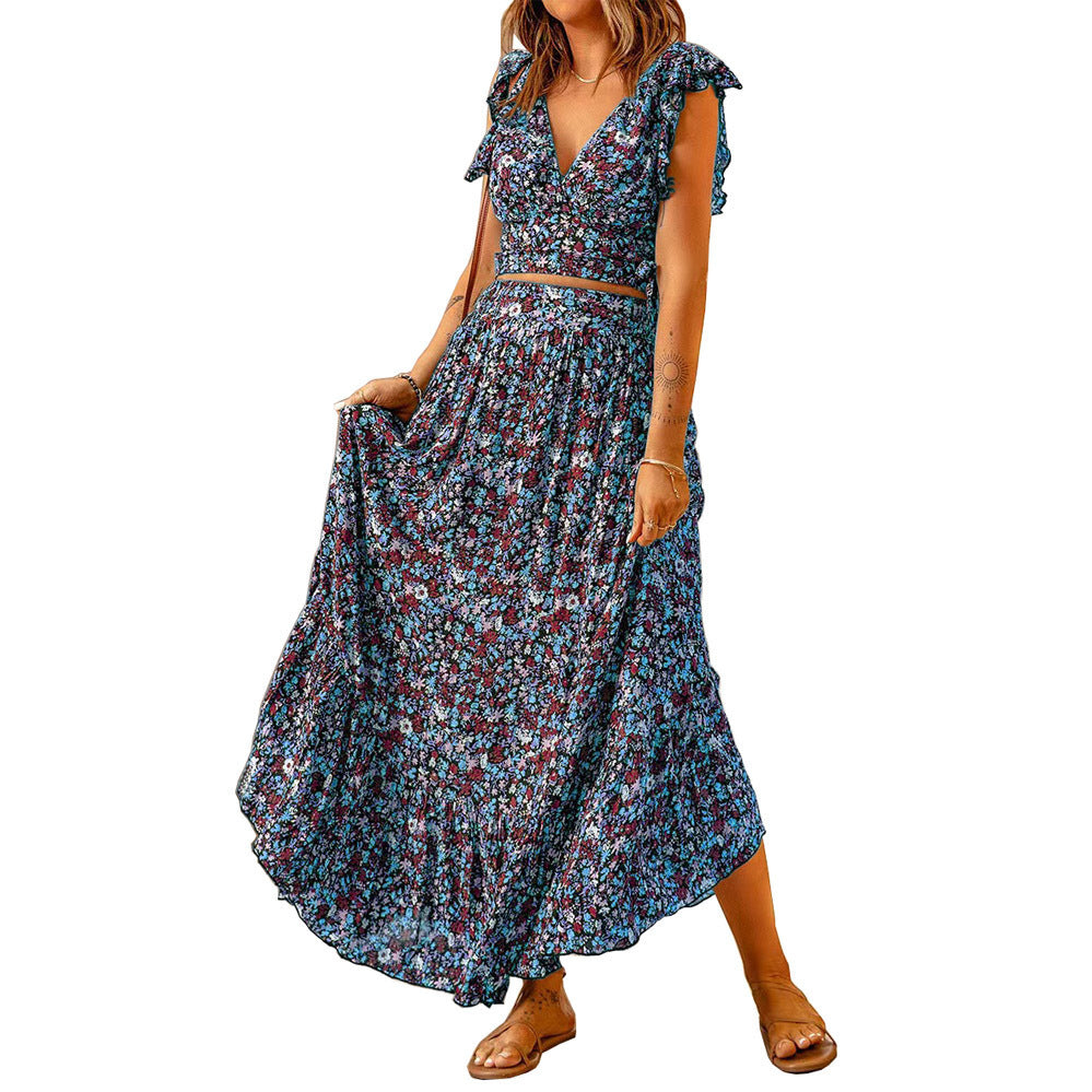 Women's Floral Pattern Maxi Dress with Voluminous Skirt and Narrow Belt Chic und Stil