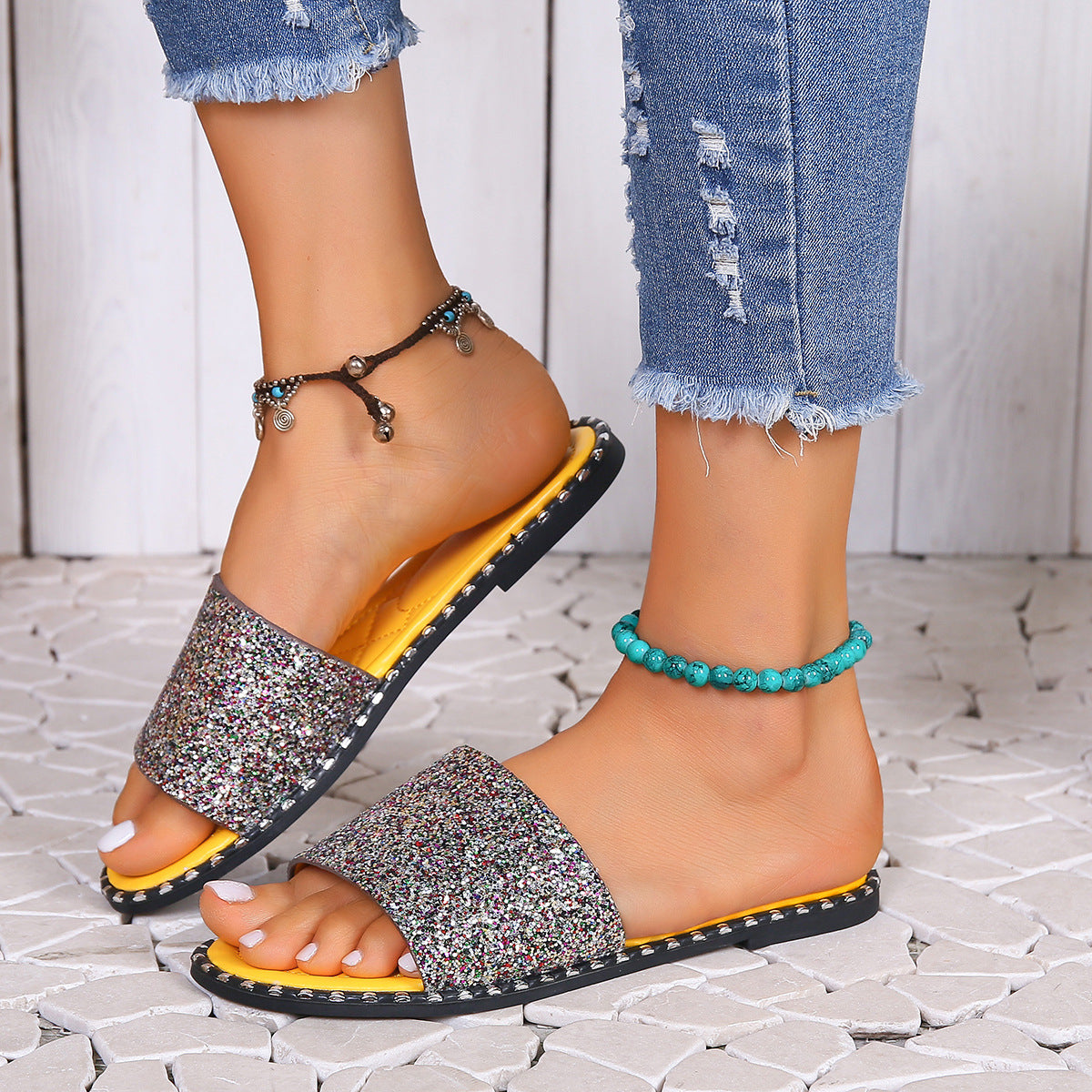 Sandales glissantes en strass glamour pour femmes Chic und Stil