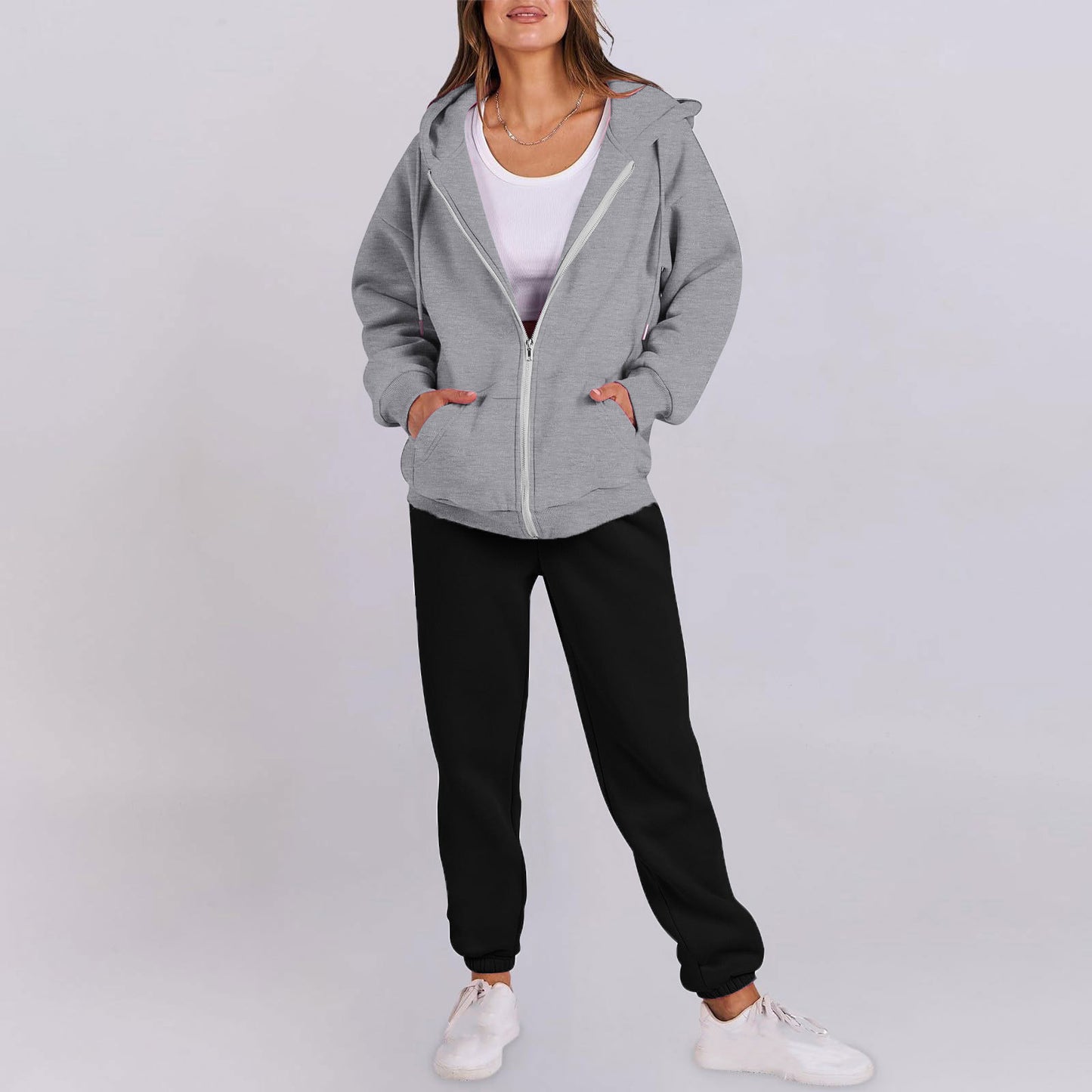 Women's casual zip-up hoodie with a comfortable fit and chic jogger pants