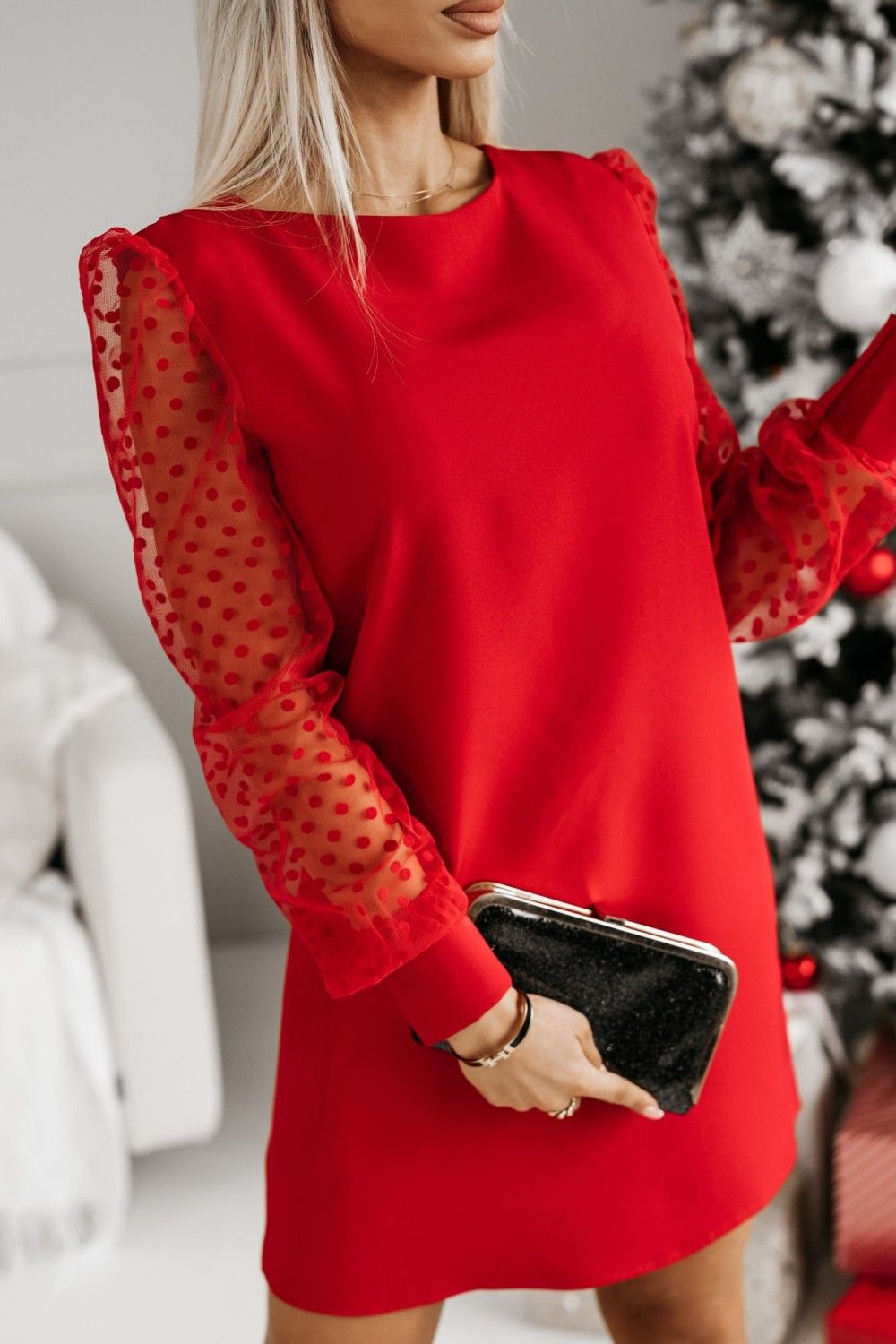Robe shift élégante pour femmes avec des manches transparentes à pois Chic und Stil