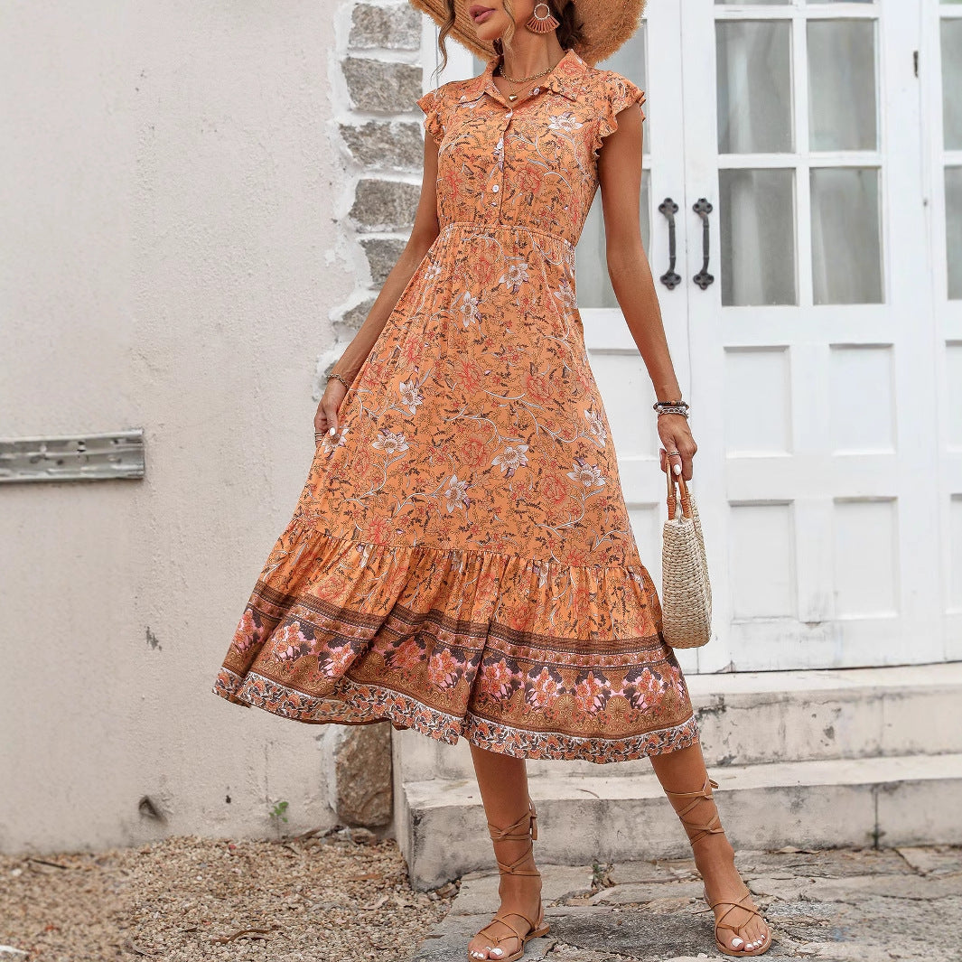 Robe midi pour dames avec des détails floraux en volants et une ceinture à nouer à la taille Chic und Stil